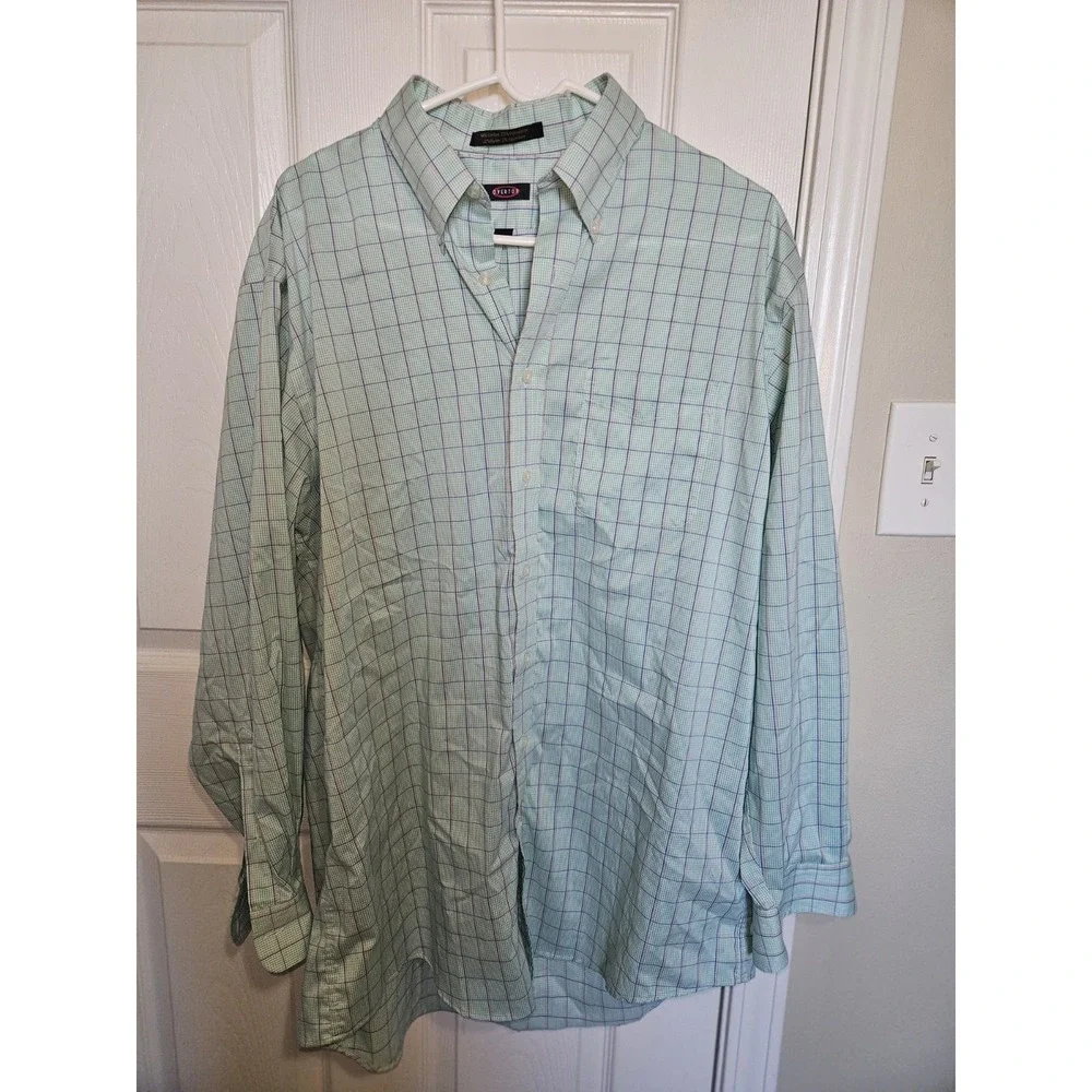 Overton Mens Blue Green Pink Check  Light Performance Button Down L Sunmer EXC‎
